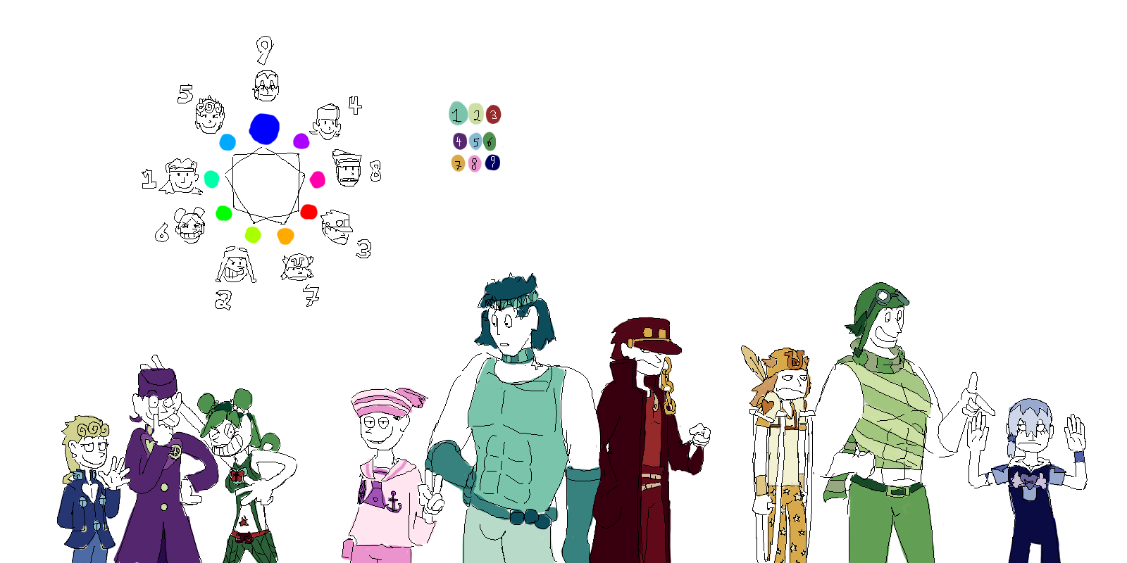 A little color I made with myself, of giving each Jojo a different color palette based on hues of evenly spaced intervals.<br>I started on the blue for Jodio (the one most in the right) and jumping one hue each, I went in chronological order for the Jojos.